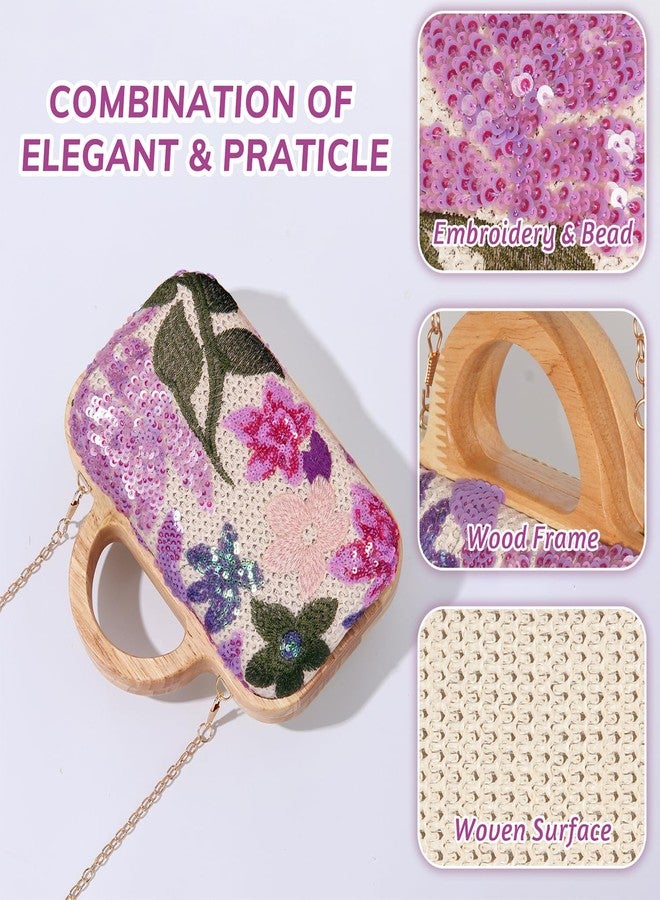 VNIMTI Floral Embroidery Sequin Clutch Evening Bag, Straw Beaded Purse for Women, Cute Ladies Wooden Handbag with Chain for Wedding, Party - Image 2